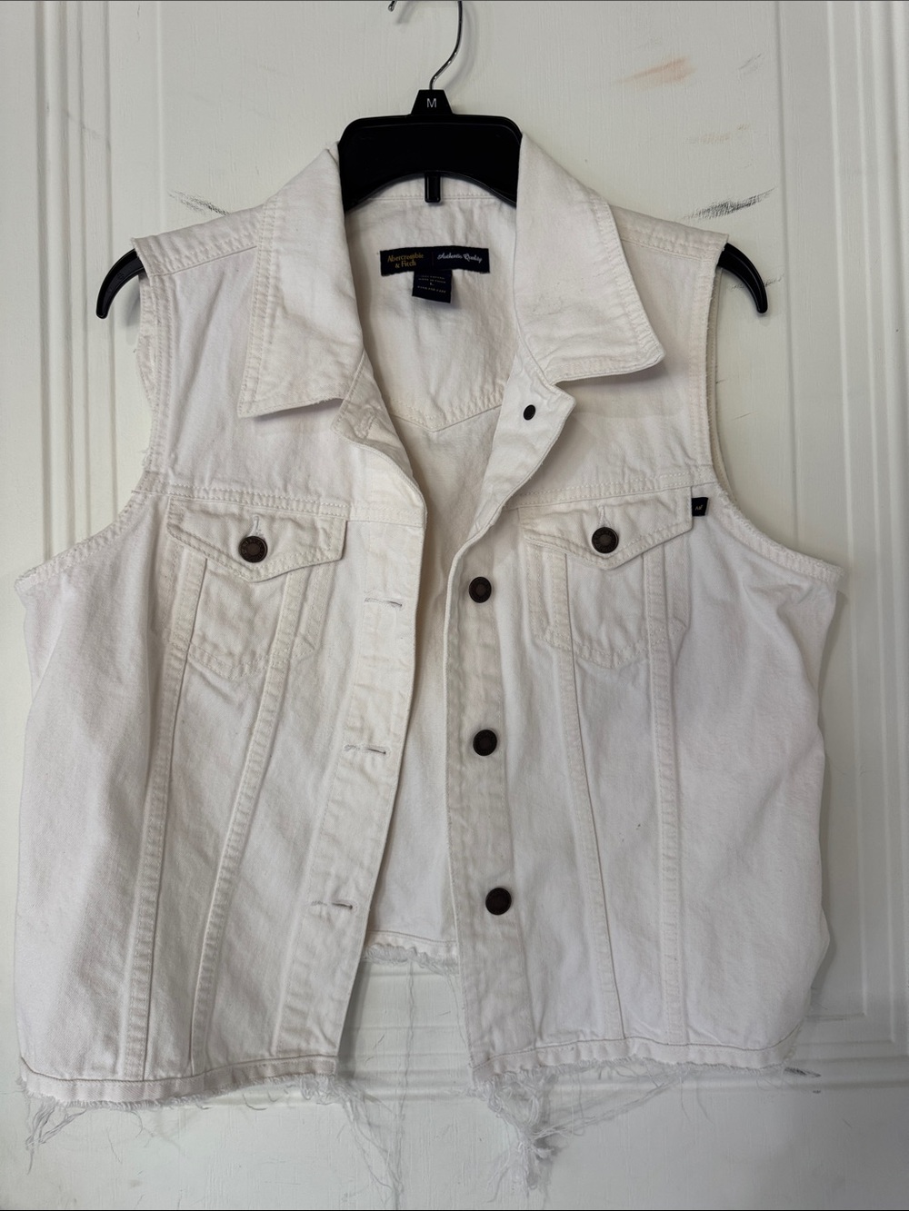 Abercrombie & Fitch White Sleeveless Denim Vest with Frayed Hem